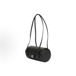 CHANEL 26P distressed gold label Double C Logo long handle granular embossed glossy calfskin with gold metal bowling bag handle and shoulder bag small size for women