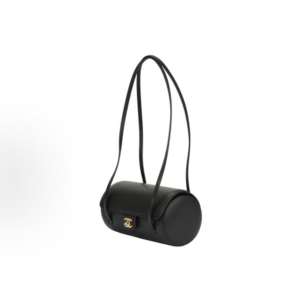 CHANEL 26P distressed gold label Double C Logo long handle granular embossed glossy calfskin with gold metal bowling bag handle and shoulder bag small size for women