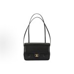 CHANEL 26P distressed double C Logo, double shoulder strap design, granular embossed glossy calfskin with gold metal lid, single shoulder bag, small size for women