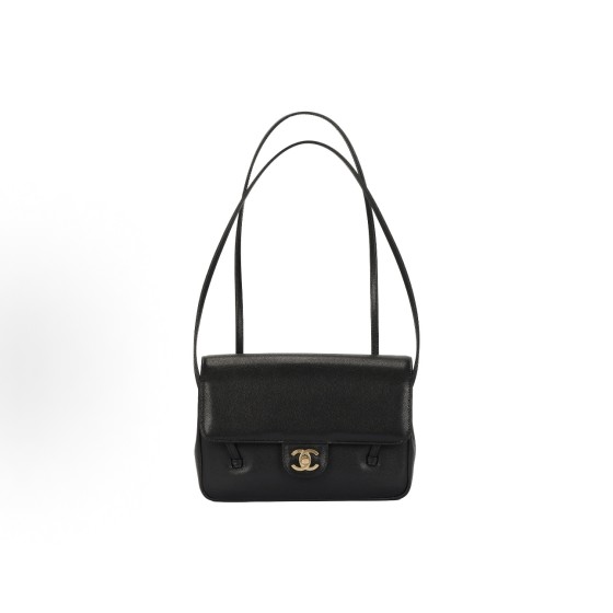 CHANEL 26P distressed double C Logo, double shoulder strap design, granular embossed glossy calfskin with gold metal lid, single shoulder bag, small size for women