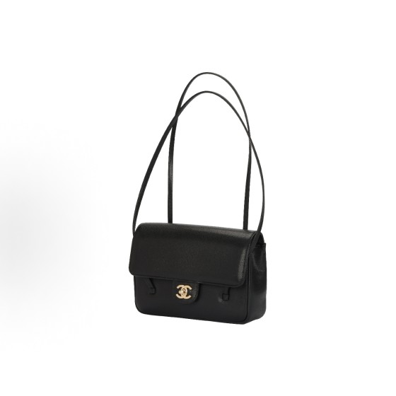 CHANEL 26P distressed double C Logo, double shoulder strap design, granular embossed glossy calfskin with gold metal lid, single shoulder bag, small size for women