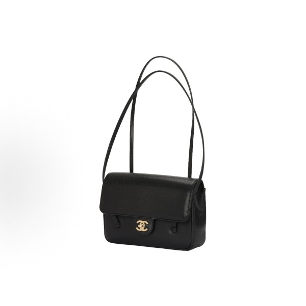 CHANEL 26P distressed double C Logo, double shoulder strap design, granular embossed glossy calfskin with gold metal lid, single shoulder bag, small size for women