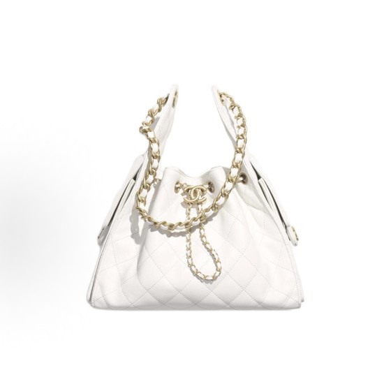 CHANEL 25Bag 25S Gold label Double C Logo diamond-quilted leather with chain grain calfskin and gold metal hippie bag, single-shoulder bag, small size for women, white