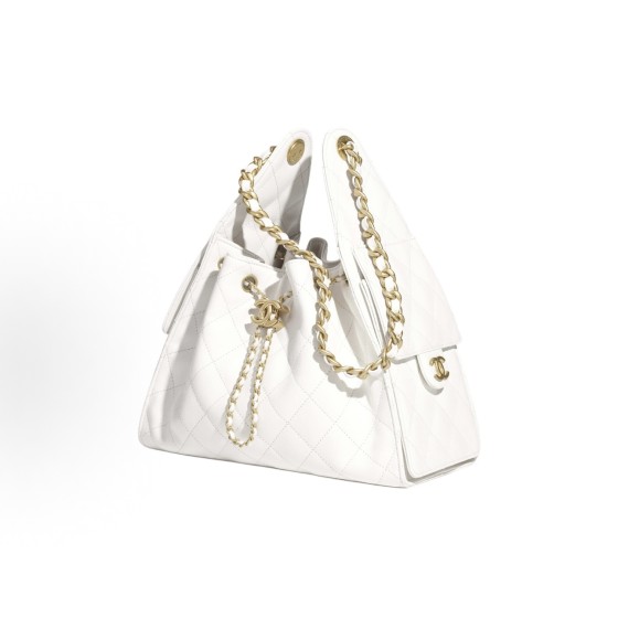 CHANEL 25Bag 25S Gold label Double C Logo diamond-quilted leather with chain grain calfskin and gold metal hippie bag, single-shoulder bag, small size for women, white