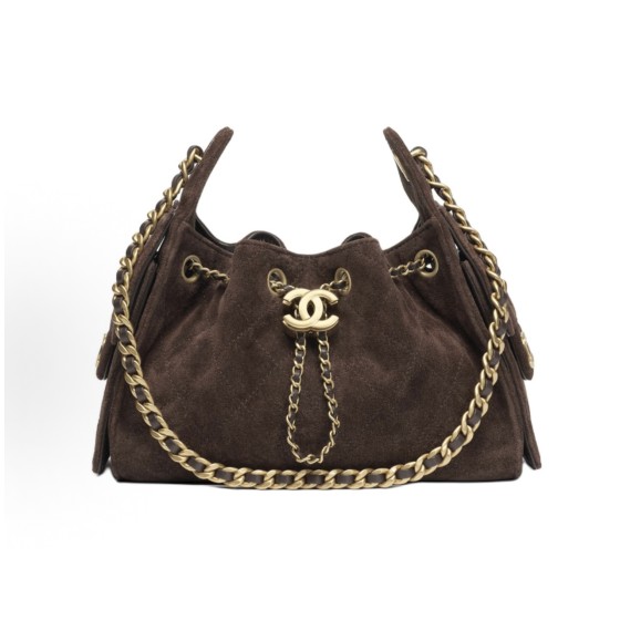 CHANEL 25Bag 26C Early Spring Resort Collection, Double C diamond-shaped quilted leather chain hippie bag, suede effect cofskin with metal shoulder bag, mini women\'s style, dark brown chocolate color