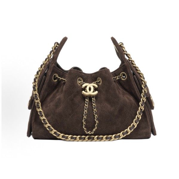 CHANEL 25Bag 26C Early Spring Resort Collection, Double C diamond-shaped quilted leather chain hippie bag, suede effect cofskin with metal shoulder bag, mini women\'s style, dark brown chocolate color
