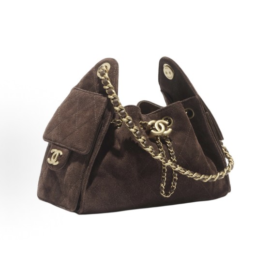 CHANEL 25Bag 26C Early Spring Resort Collection, Double C diamond-shaped quilted leather chain hippie bag, suede effect cofskin with metal shoulder bag, mini women\'s style, dark brown chocolate color