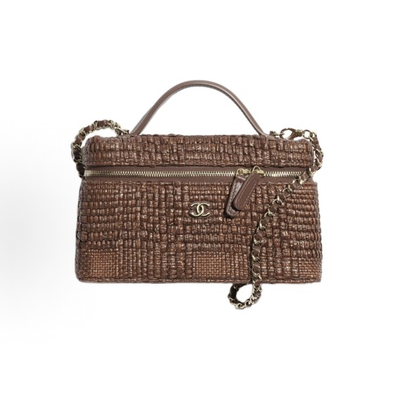 CHANEL 26P classic chain gold label Double C Logo leather chain woven, coconut fiber with gold metal cosmetic bag, single-shoulder handbag for women