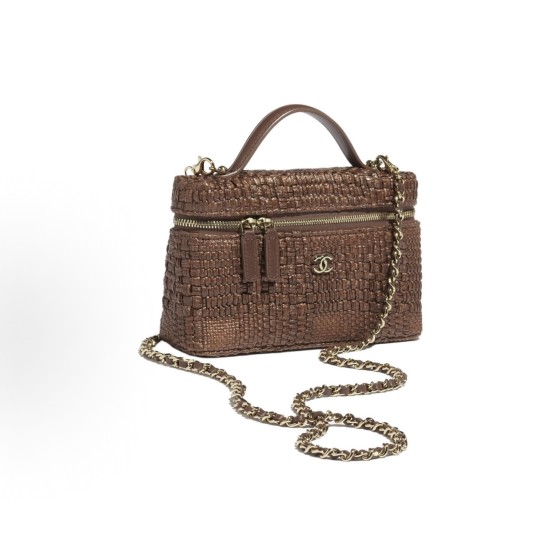 CHANEL 26P classic chain gold label Double C Logo leather chain woven, coconut fiber with gold metal cosmetic bag, single-shoulder handbag for women