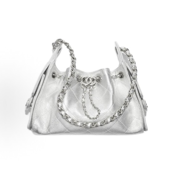 CHANEL 25Bag 26C Silver label Double C Logo diamond-quilted leather chain hippie bag, mini silver shoulder bag