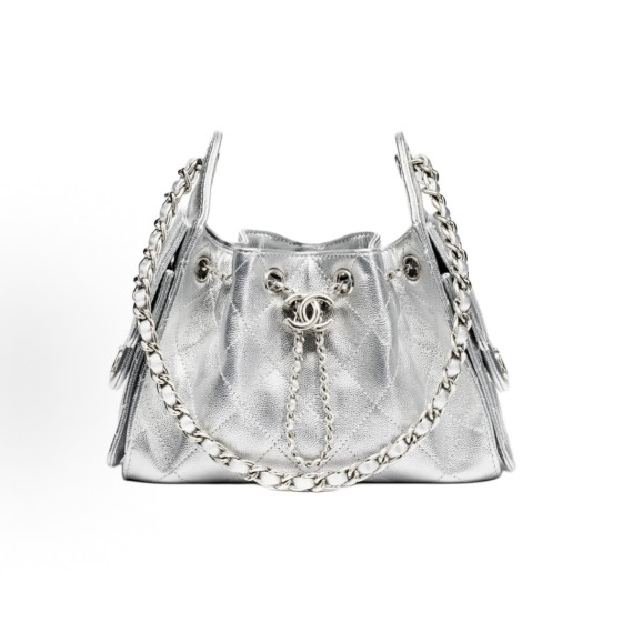 CHANEL 25Bag 26C Silver label Double C Logo diamond-quilted leather chain hippie bag, mini silver shoulder bag