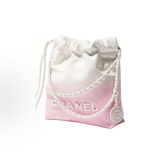 CHANEL 22Bag 24S Logo drawstring opening, diamond-shaped leather chain, lacquered gradient crossbody bag, mini white with pink