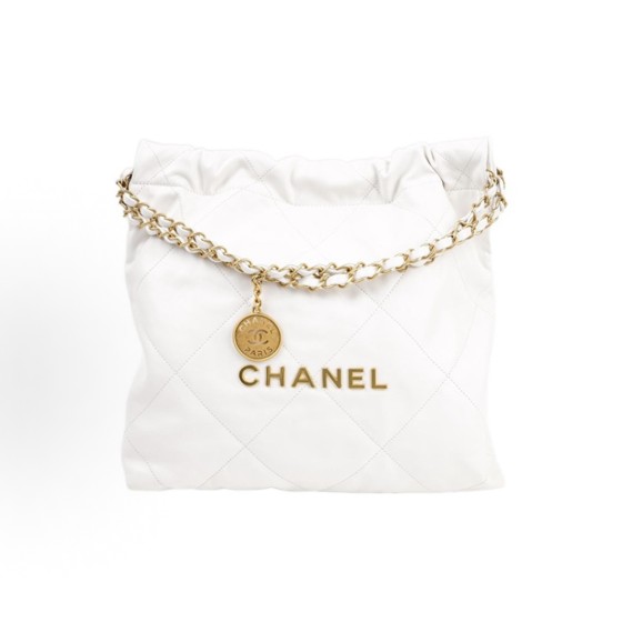 CHANEL 22Bag, 23A Logo diamond-patterned leather, chain strap, large capacity Tote bag, shopping bag, hand-held crossbody single-shoulder bag, small size, white