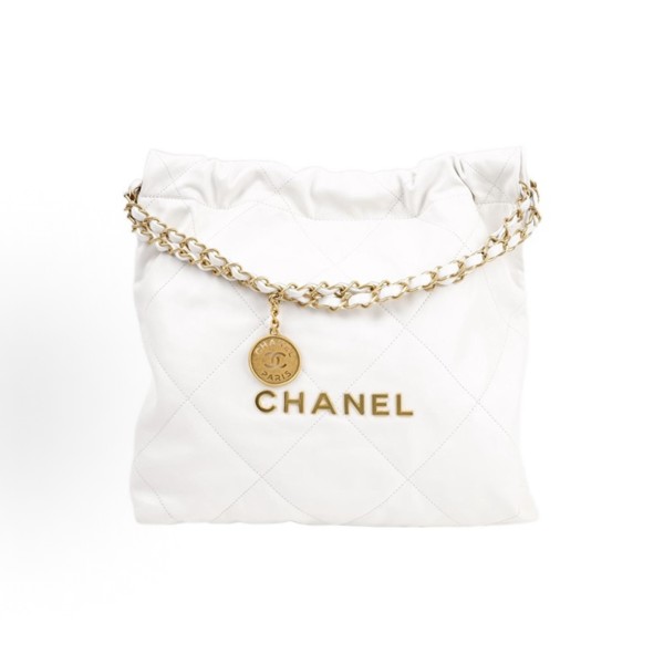 CHANEL 22Bag, 23A Logo diamond-patterned leather, chain strap, large capacity Tote bag, shopping bag, hand-held crossbody single-shoulder bag, small size, white