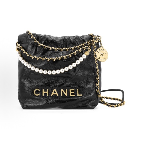 CHANEL 23S 22bag, drawstring opening and closing diamond-shaped pearl chain leather, chain wrinkles, shiny pleated calfskin, crystal pearls and gold tones, metal bucket bag, mini black crossbody bag