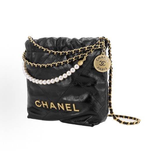 CHANEL 23S 22bag, drawstring opening and closing diamond-shaped pearl chain leather, chain wrinkles, shiny pleated calfskin, crystal pearls and gold tones, metal bucket bag, mini black crossbody bag