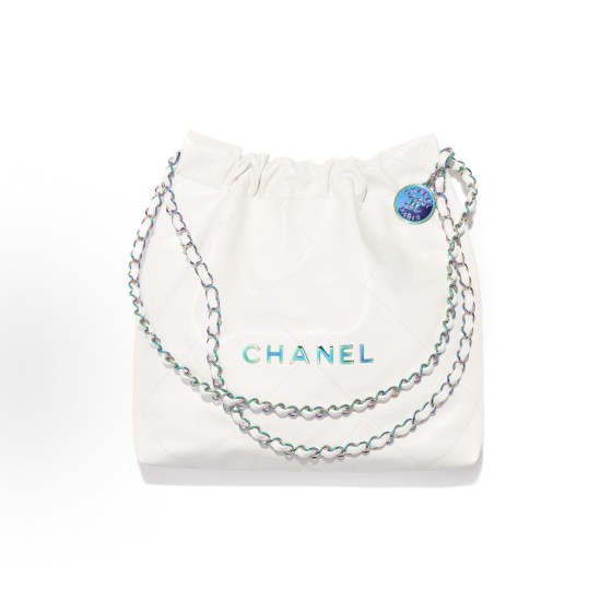 CHANEL 22Bag 24C Early Spring Resort Collection, letter Logo diamond-patterned leather chain strap, bill of lading shoulder bag, small size, regular white