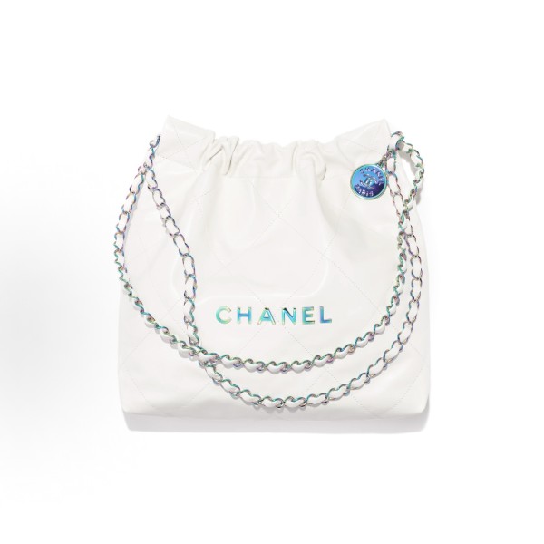 CHANEL 22Bag 24C Early Spring Resort Collection, letter Logo diamond-patterned leather chain strap, bill of lading shoulder bag, small size, regular white