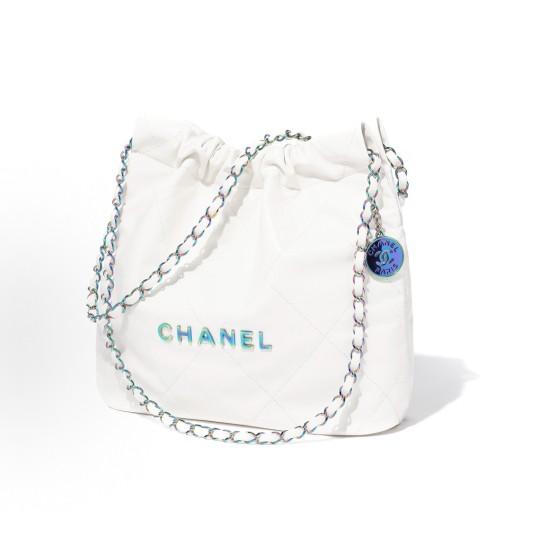 CHANEL 22Bag 24C Early Spring Resort Collection, letter Logo diamond-patterned leather chain strap, bill of lading shoulder bag, small size, regular white