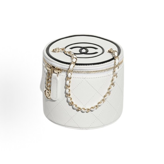 CHANEL Chanel zipper flip cover chain diamond-patterned leather chain round bucket bag, single-shoulder handbag, white