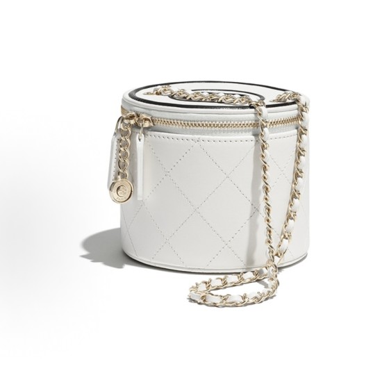 CHANEL Chanel zipper flip cover chain diamond-patterned leather chain round bucket bag, single-shoulder handbag, white