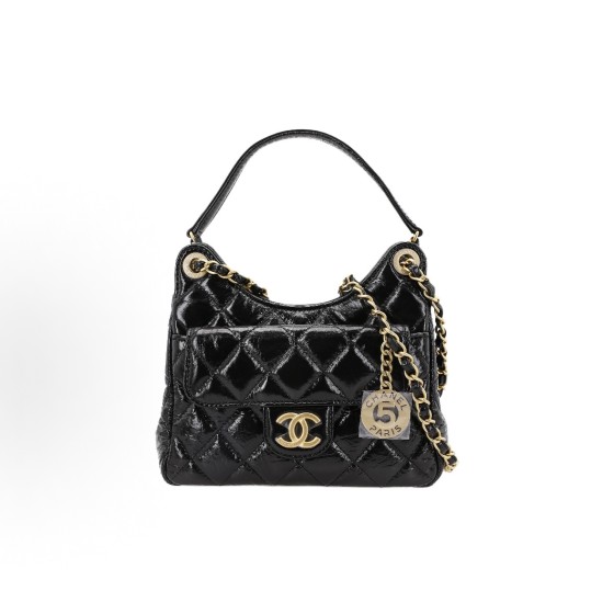 CHANEL HOBO 23B pleated diamond-patterned leather chain-through cowhide vintage gold chain handbag, small size black
