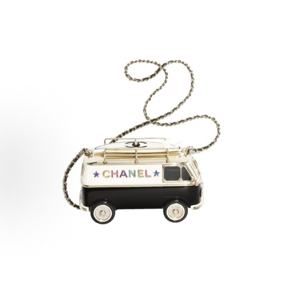 CHANEL 24C Early Spring Resort Collection: Leather chain, letter logo, van shape, resin glass, enamel, water diamond, evening bag, single-shoulder bag, regular black, white and gold mixed colors
