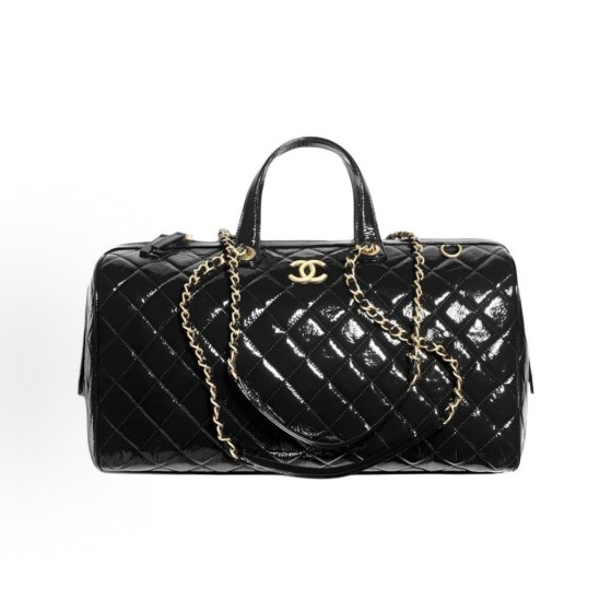 CHANEL 2024/25A diamond-shaped leather chain double C LOGO bowling bag travel bag in black
