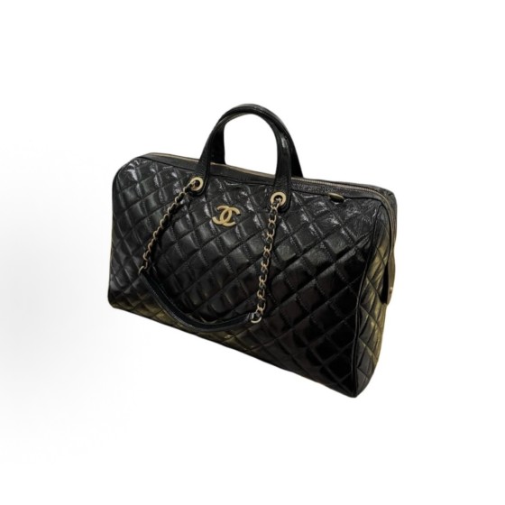 CHANEL 2024/25A diamond-shaped leather chain double C LOGO bowling bag travel bag in black