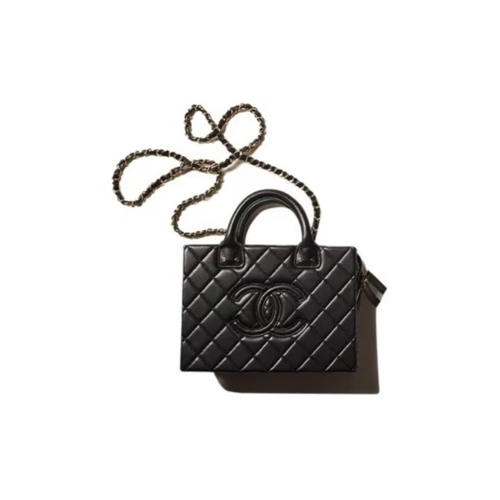 CHANEL vintage leather chain, diamond-patterned calfskin handle makeup bag, large black size