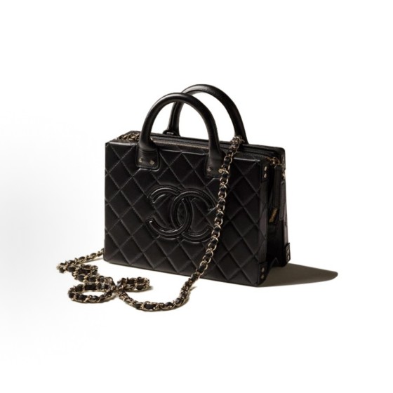 CHANEL vintage leather chain, diamond-patterned calfskin handle makeup bag, large black size