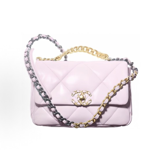 CHANEL 19Bag, silver color-block metal diamond-shaped leather chain-link cover bag, crossbody bag, small pink