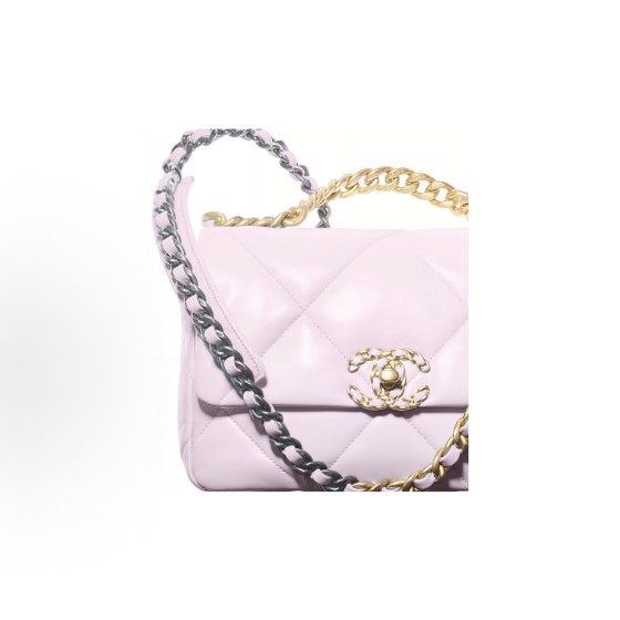CHANEL 19Bag, silver color-block metal diamond-shaped leather chain-link cover bag, crossbody bag, small pink