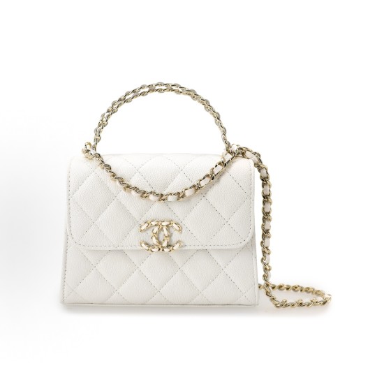 CHANEL 23P Spring/Summer Kelly diamond-shaped hollowed-out handle granular embossed shiny granular mouth cover bag, clutch, single-shoulder crossbody handbag, white