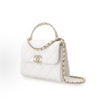 CHANEL 23P Spring/Summer Kelly diamond-shaped hollowed-out handle granular embossed shiny granular mouth cover bag, clutch, single-shoulder crossbody handbag, white