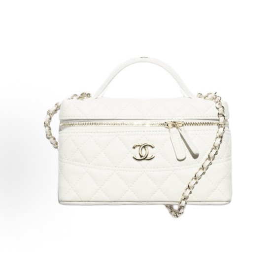CHANEL 26C gold buckle quilted double C lock buckle leather chain cosmetic bag crossbody handbag, white