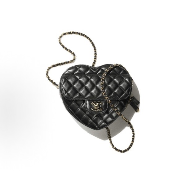 CHANEL leather chain gold buckle chain diamond-shaped heart bag, heart bag, crossbody single-shoulder bag, mini black
