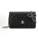 CHANEL gold buckle diamond-shaped bow, leather chain, chain grain surface, lychee pattern, single-shoulder crossbody wallet, black