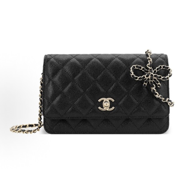CHANEL gold buckle diamond-shaped bow, leather chain, chain grain surface, lychee pattern, single-shoulder crossbody wallet, black