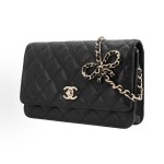 CHANEL gold buckle diamond-shaped bow, leather chain, chain grain surface, lychee pattern, single-shoulder crossbody wallet, black