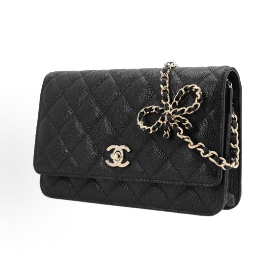 CHANEL gold buckle diamond-shaped bow, leather chain, chain grain surface, lychee pattern, single-shoulder crossbody wallet, black