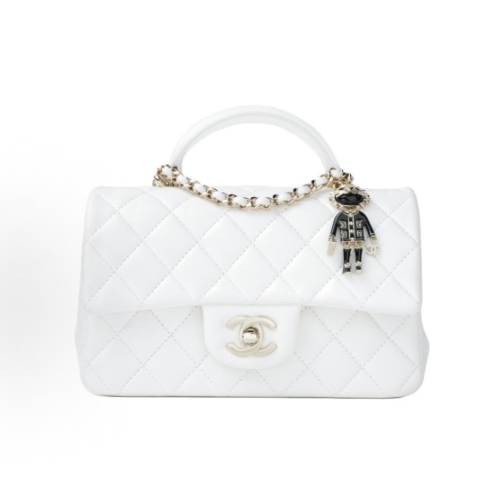 CHANEL Classic Flap CF 22P Lion Pendant diamond-shaped leather chain Shoulder strap Flip Cover Open Shoulder Crossbody bag Mini white