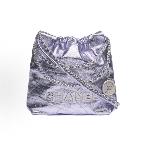 CHANEL 25C 22Bag, brand logo, metallic texture, drawstring, openable leather, chain diamond-shaped single-shoulder handbag, mini light purple
