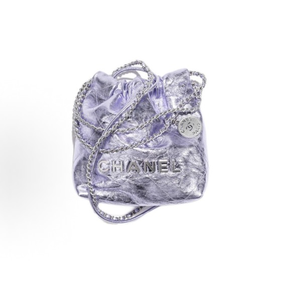 CHANEL 25C 22Bag, brand logo, metallic texture, drawstring, openable leather, chain diamond-shaped single-shoulder handbag, mini light purple