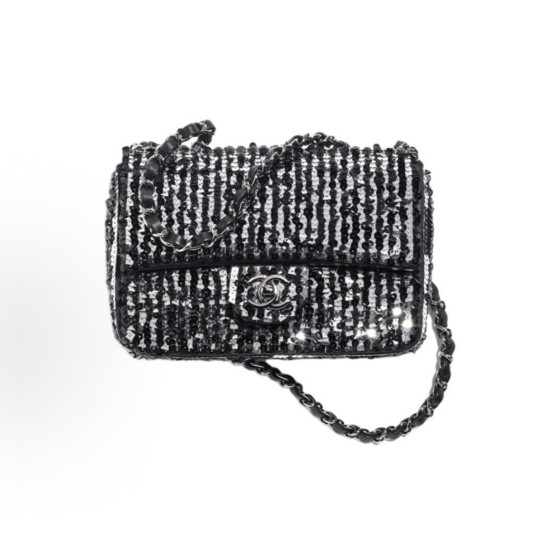 CHANEL metal logo chain leather, sequined flap bag, crossbody single-shoulder bag, black and silver