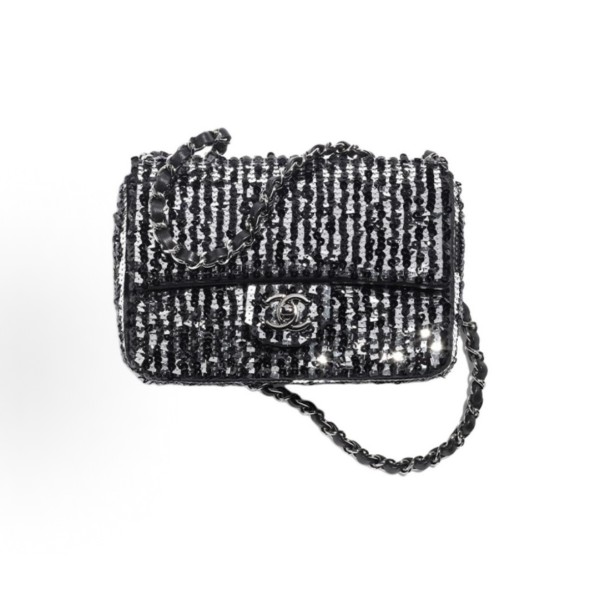 CHANEL metal logo chain leather, sequined flap bag, crossbody single-shoulder bag, black and silver