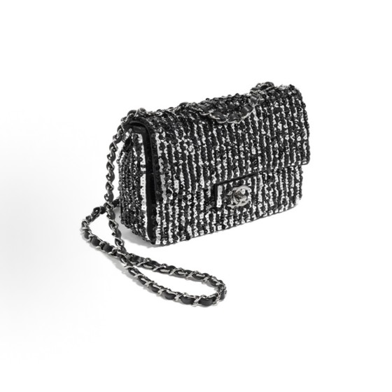 CHANEL metal logo chain leather, sequined flap bag, crossbody single-shoulder bag, black and silver
