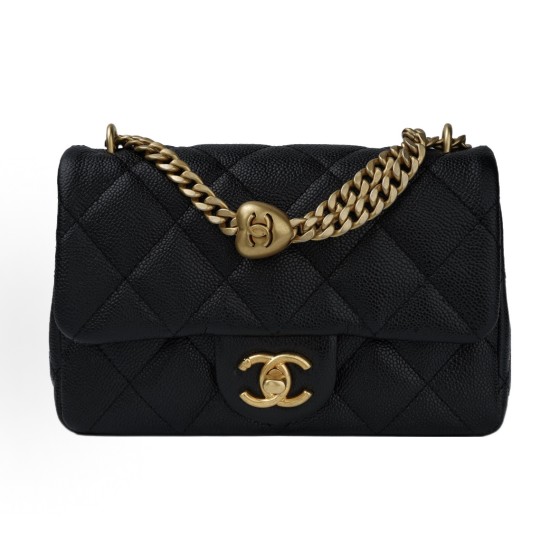 CHANEL 23P Spring/Summer heart-shaped gold ball, gold chain, gold buckle, diamond-patterned grain, embossed cowhide, flap bag, single-shoulder crossbody bag, small size for women, black