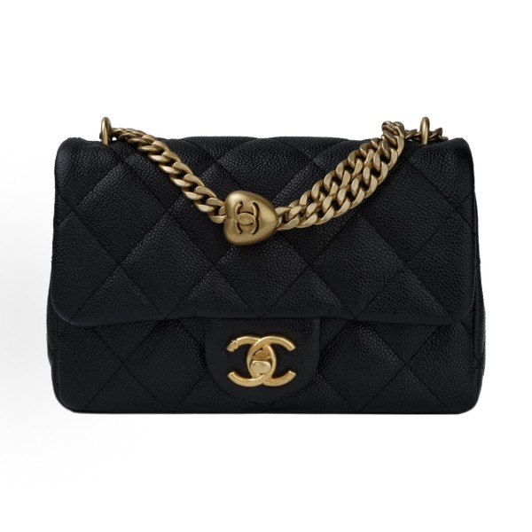 CHANEL 23P Spring/Summer heart-shaped gold ball, gold chain, gold buckle, diamond-patterned grain, embossed cowhide, flap bag, single-shoulder crossbody bag, small size for women, black