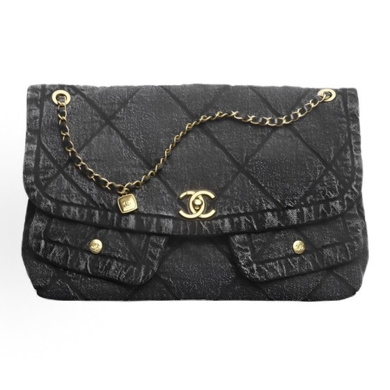 CHANEL Maxi 25K Double C Logo diamond-patterned leather chain-through denim material, gold hardware lid bag, single shoulder bag, women\'s style, black